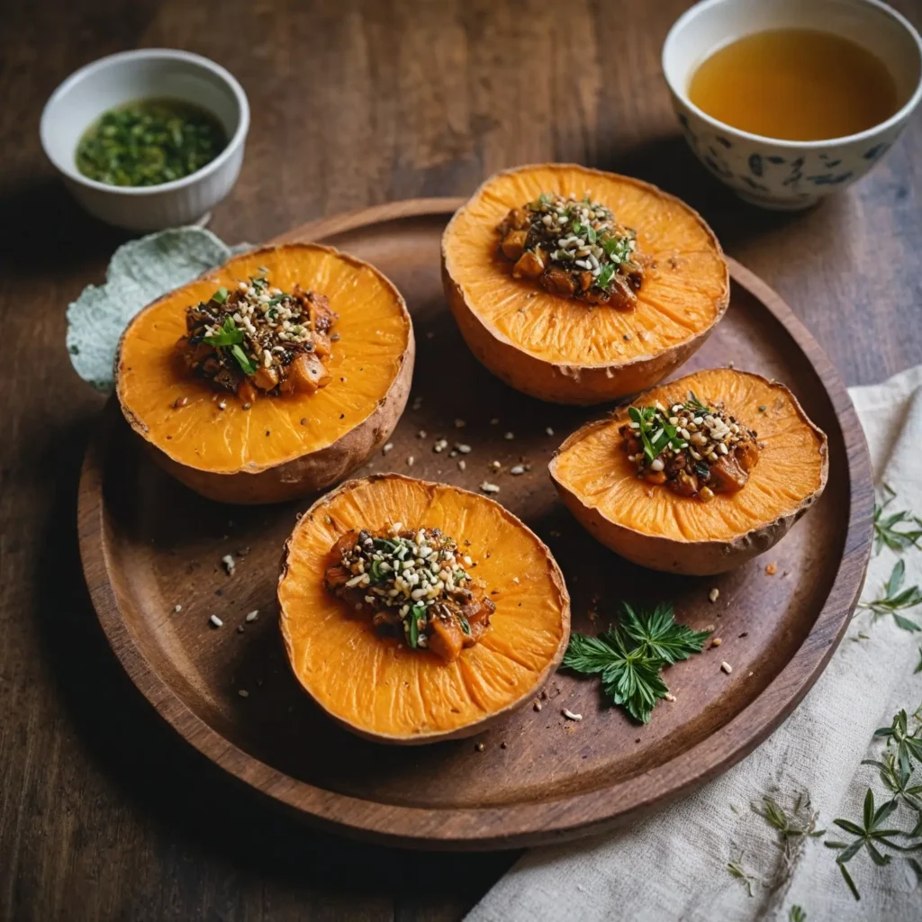 Close-up of a roasted Japanese sweet potato (Yaki Imo) split open to reveal its golden, steaming interior, garnished with sesame seeds.