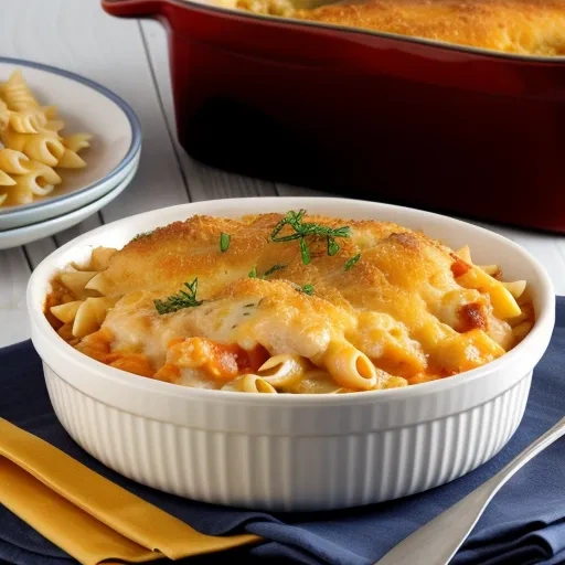 A cheesy chicken and pasta casserole with melted cheese on top, served in a rustic baking dish.
