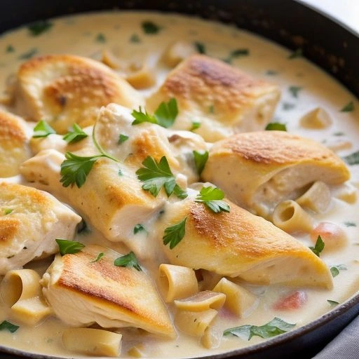 A creamy chicken casserole with a golden crust, served in a white baking dish with fresh herbs.
