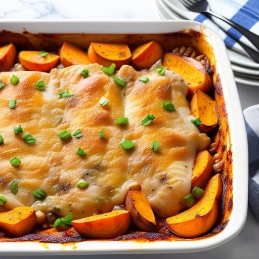 A dairy-free chicken casserole with roasted sweet potatoes and fresh herbs, baked in a ceramic dish.