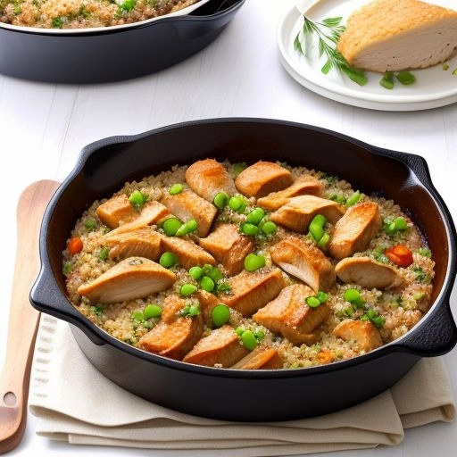 A high-protein chicken and quinoa casserole with vegetables, served in a white baking dish.