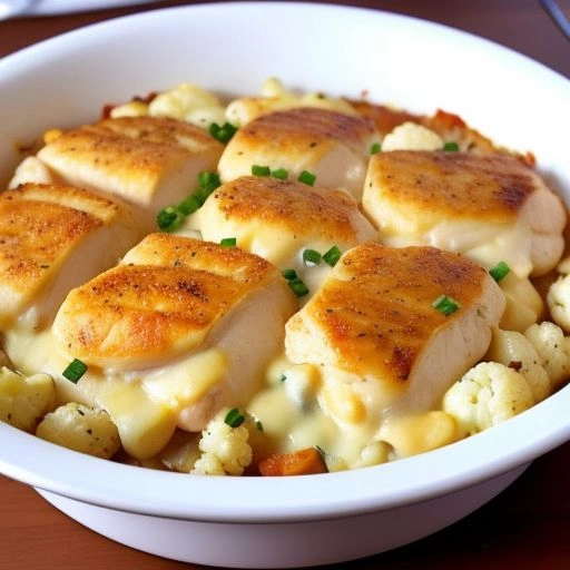 A low-carb chicken casserole with roasted cauliflower, creamy sauce, and fresh herbs.