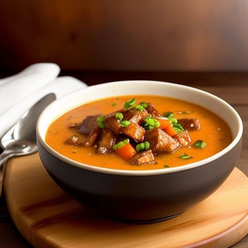 A bowl of porcupine soup on a rustic wooden table with a spoon lifting a bite.