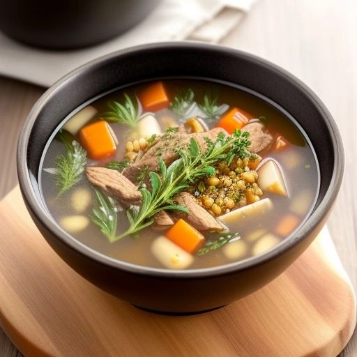 Fresh herbs, spices, and a bowl of rich broth on a rustic wooden cutting board.