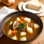 A steaming bowl of porcupine soup with tender meat, vegetables, and fresh herbs on a rustic wooden table.