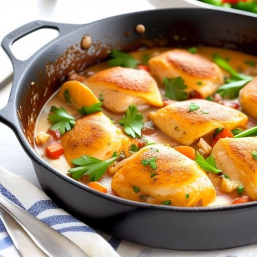 A one-pan chicken casserole with colorful vegetables and a light golden crust, served fresh from the oven.