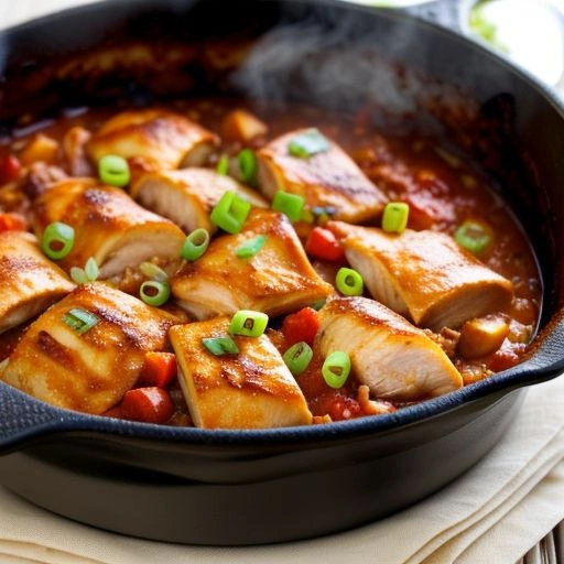 A creamy chicken casserole with a golden crust, served in a white baking dish with fresh herbs.