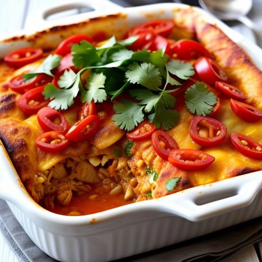 A spicy Mexican-style chicken casserole with cheese, beans, and jalapeños, topped with fresh cilantro.