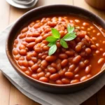 A rustic bowl of baked beans with bacon, herbs, and a rich caramelized sauce, served on a wooden table.