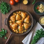 A golden, bubbling chicken casserole dish on a rustic wooden table with fresh herbs and ingredients, creating a cozy atmosphere.