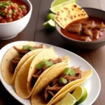 A close-up of crispy birria tacos filled with shredded beef, garnished with cilantro, onions, and lime wedges, served with a bowl of consomé for dipping.