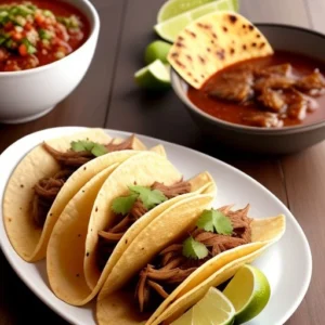A close-up of crispy birria tacos filled with shredded beef, garnished with cilantro, onions, and lime wedges, served with a bowl of consomé for dipping.