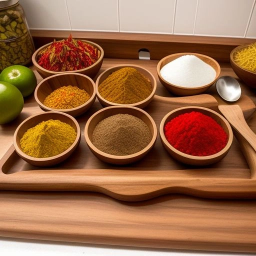 A traditional Mexican kitchen with spices, dried chilies, and fresh ingredients, showing a pot of simmering birria.