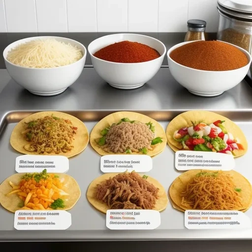 A variety of taco-making tips displayed on a kitchen counter, with fresh ingredients and recipe cards.